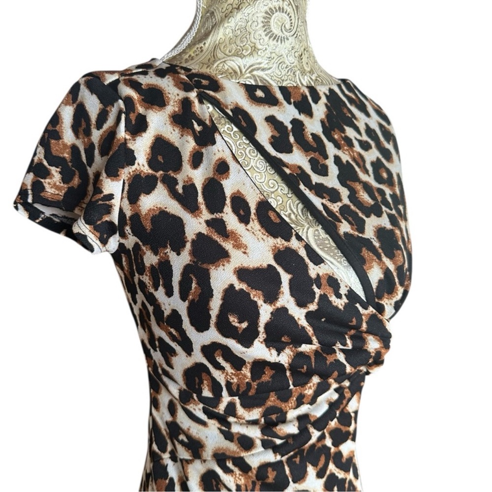 Stretchy Sexy Slit Leopard Pinup Midi Dress Short Sleeve Cocktail Dress Small - Picture 2 of 5